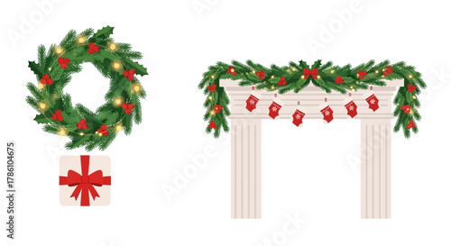Festive christmas decorations featuring a wreath garland and stockings hung on a fireplace mantel