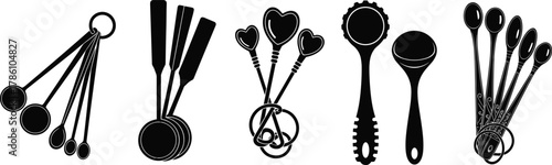Kitchen measuring spoons set black vector illustration, modern cooking utensil collection, baking tools design, culinary accessory concept for food preparation