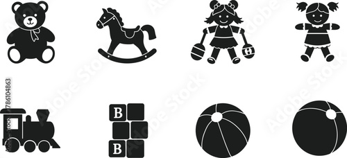 Kids toy icon set, teddy bear, rocking horse, doll, baby blocks, toy train, beach ball, children playtime illustration, vector design