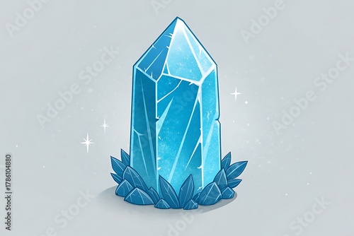 A bright blue crystal illustration with leaves on gray background