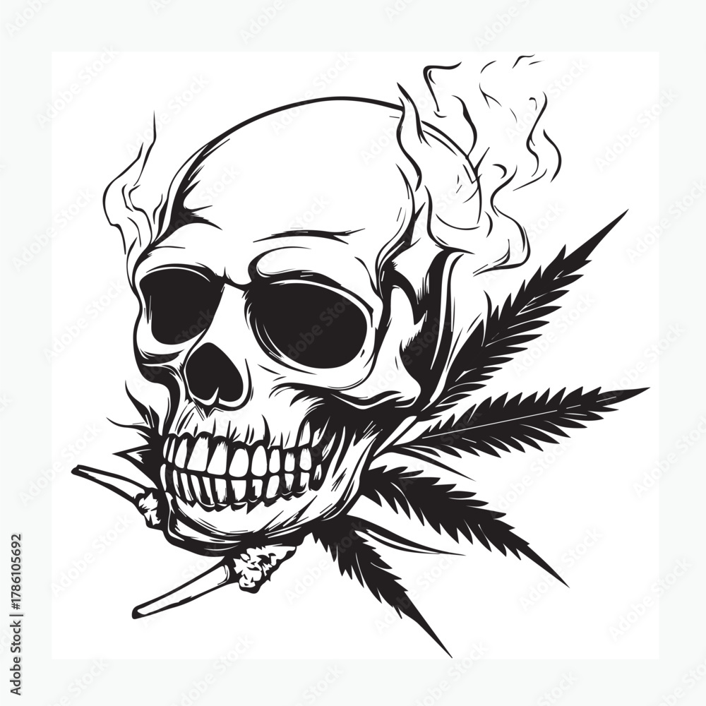 Fototapeta premium illustration of a skull with marijuana leaves