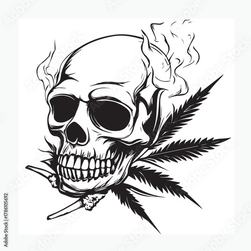 illustration of a skull with marijuana leaves