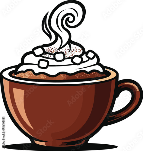 Delicious hot chocolate with whipped cream and marshmallows in a brown mug