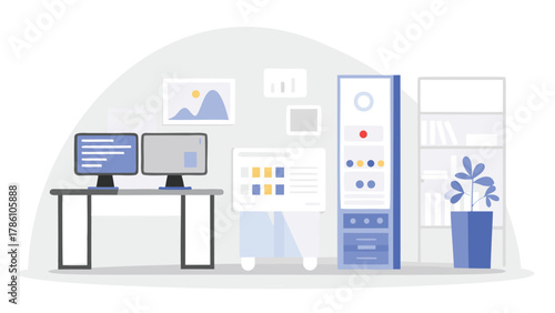 Modern office workspace with dual monitors data charts server rack and bookshelf with plant illustration