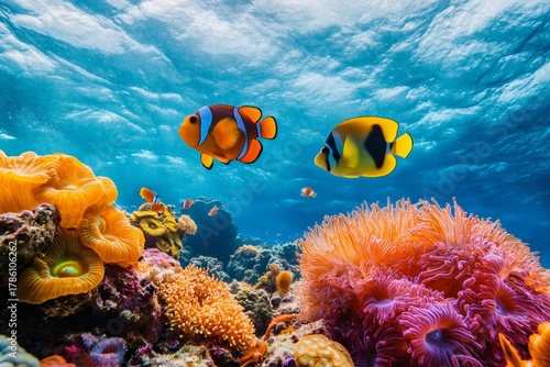 Fototapeta Naklejka Na Ścianę i Meble -  Clownfish and butterflyfish swimming above colorful coral reef