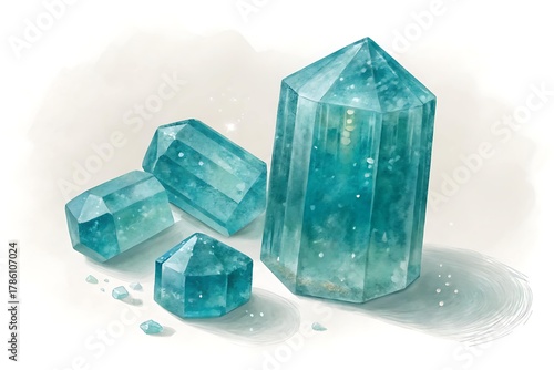 Illustration of beautiful apatite crystals with a blue green hue