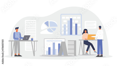 Business professionals collaborating in an office environment analyzing charts and graphs on screens and whiteboards for data insights