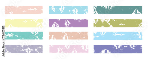A colorful set of abstract grunge banners or strokes, rough textured design elements in a vintage pastel color palette.