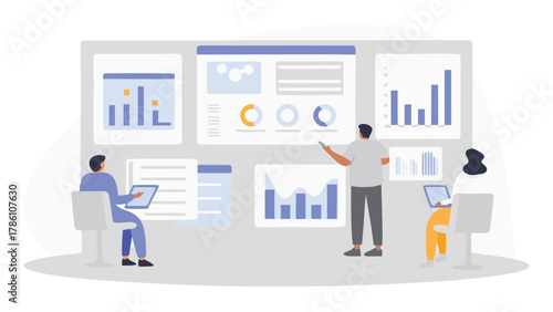 Diverse team collaborating on data analysis and business strategy presentation with charts and graphs on large screen