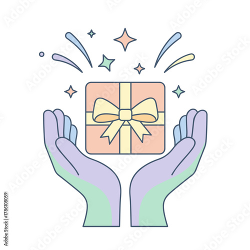 Minimalist Flat Design of Two Open Hands Presenting a Peach Gift Box Tied with a Yellow Ribbon and Sparkles of Light and Color Emerging From Above on a Black Background