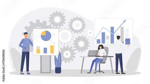 Business team analyzing financial charts and graphs with gears in the background representing teamwork and process