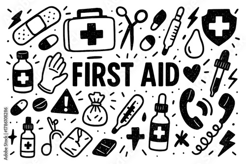 First aid doodle composition with medical tools, bandages, and emergency care icons, Transparent Background