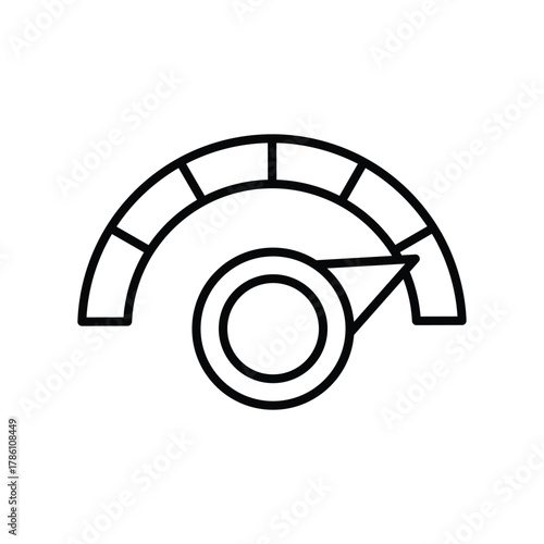 A speedometer with a needle pointing towards the high end