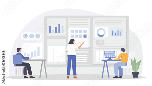 Business team analyzing data charts and graphs on a large screen in a modern office setting for strategic planning