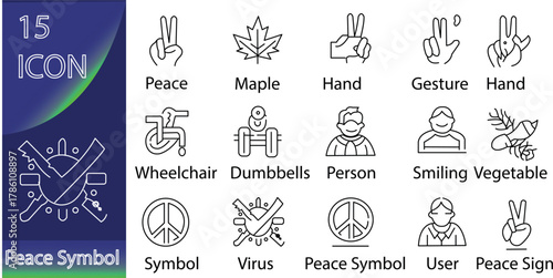 Collection of 15 Outline Icons Featuring Peace Symbols, Gestures, Health, and Daily Objects