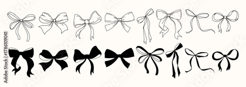 Hand drawn and solid black ribbon bows in various styles set for greeting cards, wedding invitations, scrapbooking, packaging , textile prints, decorations, branding elements. Vector illustration