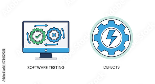 Vector illustration of software testing and defects icons, illustrating the process of finding bugs in code