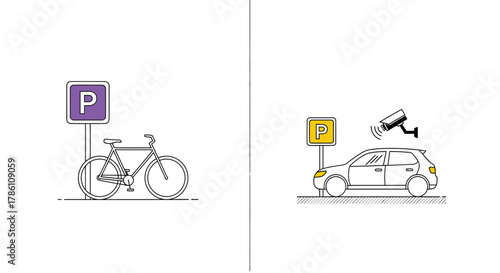 Vector illustration of parking signs with bicycle and car, one with security camera