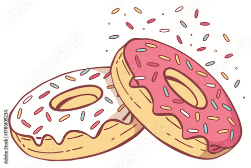Two colorful donuts with icing and sprinkles closeup