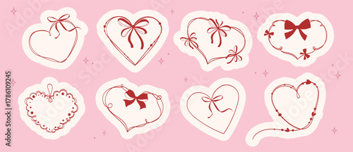 Saint Valentine's Day sticker elements set with hearts with bows and ribbons. Hand drawn vintage coquette border in minimalist style for cards, invitations,scrapbooking, tags. Vector illustration