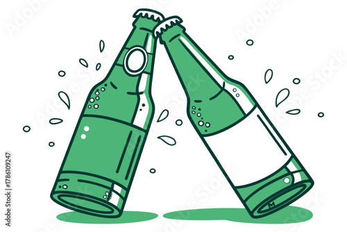 Two green beer bottles clinking in a celebratory moment