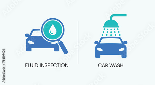 Vector illustration of two blue car icons, one showing fluid inspection with a magnifying glass and drop, the other showing a car wash with shower head