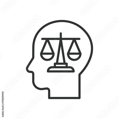 Justice mind icon in line design. justice, ethics, conscience, moral compass, decision, fairness, awareness on white background vector. Justice mind editable stroke icon - AI generated