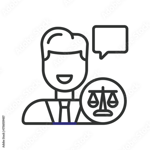Lawyer icon in line design. lawyer, attorney, counsel, legal advice, speech, consultation, client, advocate on white background vector. Lawyer editable stroke icon - AI generated