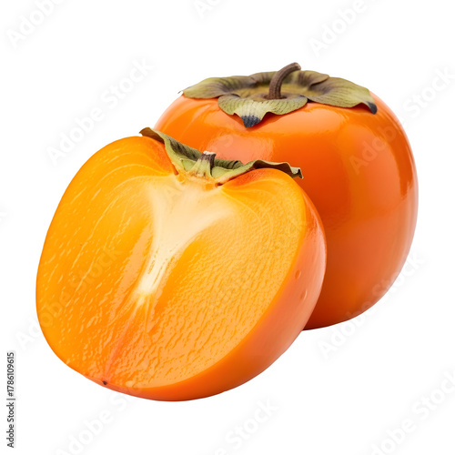 A cut persimmon and a whole persimmon isolated on transparent background