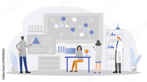 Diverse scientists collaborating in a modern laboratory setting with molecular diagrams and research equipment on display