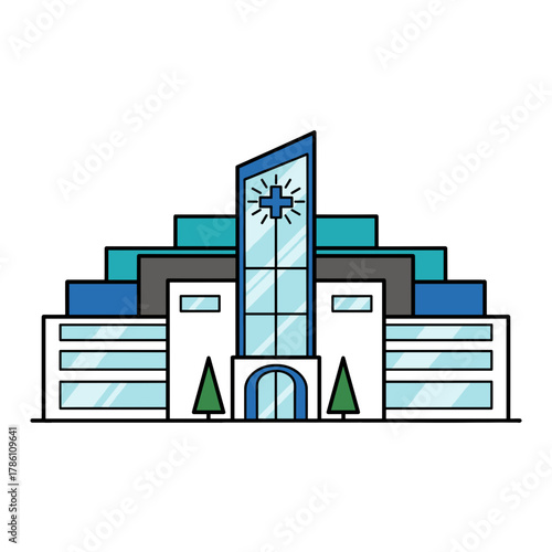 Modern Hospital Building With Green Rooftop And Blue Accents Featuring A Cross Symbol On The Facade No People Or Labels Soft Lighting.