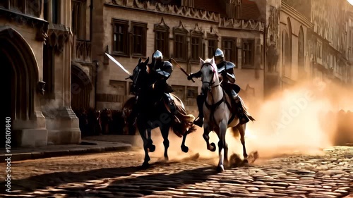 Wallpaper Mural Prague, Czech Republic, Europe. A vivid portrayal of a medieval battle scene, with knights on horseback in the foreground and a cityscape in the background. The knights are clad in full armor. Torontodigital.ca