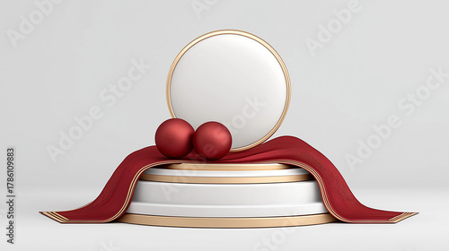 Minimalist Christmas scene with red ornaments and white podium  