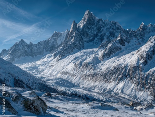 majestic snowy mountain landscape, vast snow-covered peaks under a clear blue sky