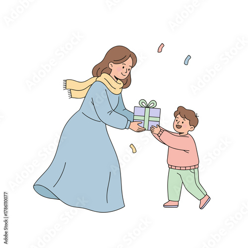 Mother and child smiling exchanging gift box with ribbon bow pastel blue dress yellow scarf green pants pink shirt in minimalist vector art with confetti falling isolated on black background