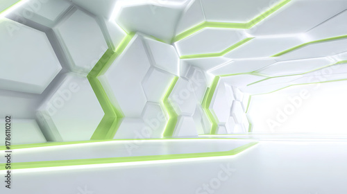 Fototapeta Naklejka Na Ścianę i Meble -  Abstract honeycomb shaped decoration with white and green color scheme tunnel space