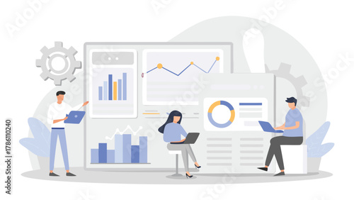 Diverse team of professionals analyzing financial data and charts on digital screens in a modern office setting