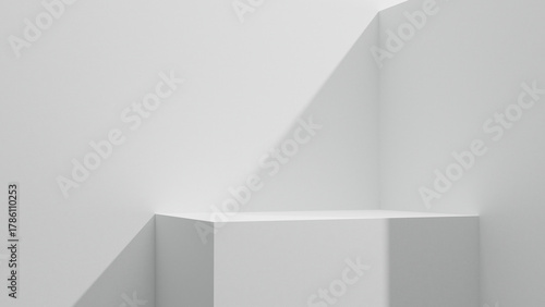 White table copy space mock up abstract background with soft sunlight and shadows, white advertisement design mock up empty copy space. Gray wall and podium background for presentations wallpaper