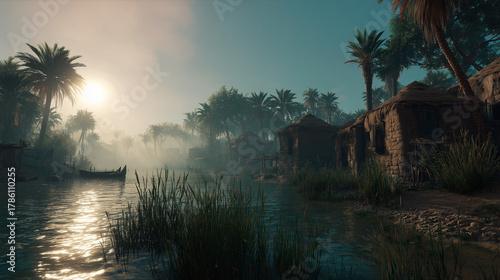 gentle morning at quiet riverside hamlet with fisherman repairing nets amid palm silhouettes