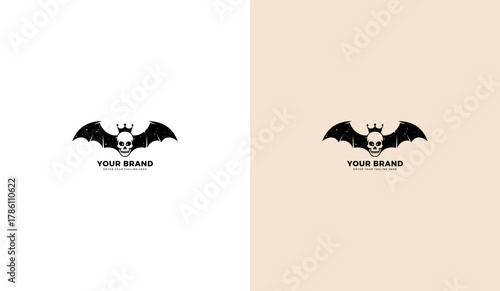 Black bat horror logo with skull king, black bat wings icon or symbol and scary skull head. Vector illustration