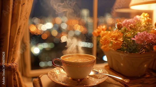 Cozy Evening Tea: Warm Light, Steam, and Floral Blooms by the Window