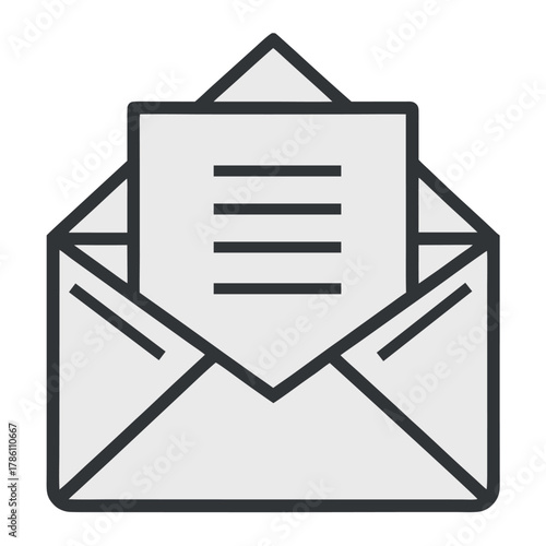 Open Envelope with Letter Vector Icon, Minimal Mail Message Outline, Isolated on White Background