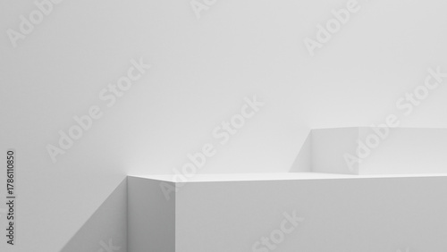 White table copy space mock up abstract background with soft sunlight and shadows, white advertisement design mock up empty copy space. Gray wall and podium background for presentations wallpaper