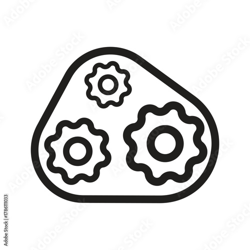 Three gears of differing sizes are enclosed within a stylized rounded triangle shape all outlined in a heavy black stroke