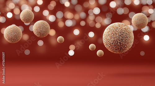Abstract floating particles on deep red background with bokeh effect  