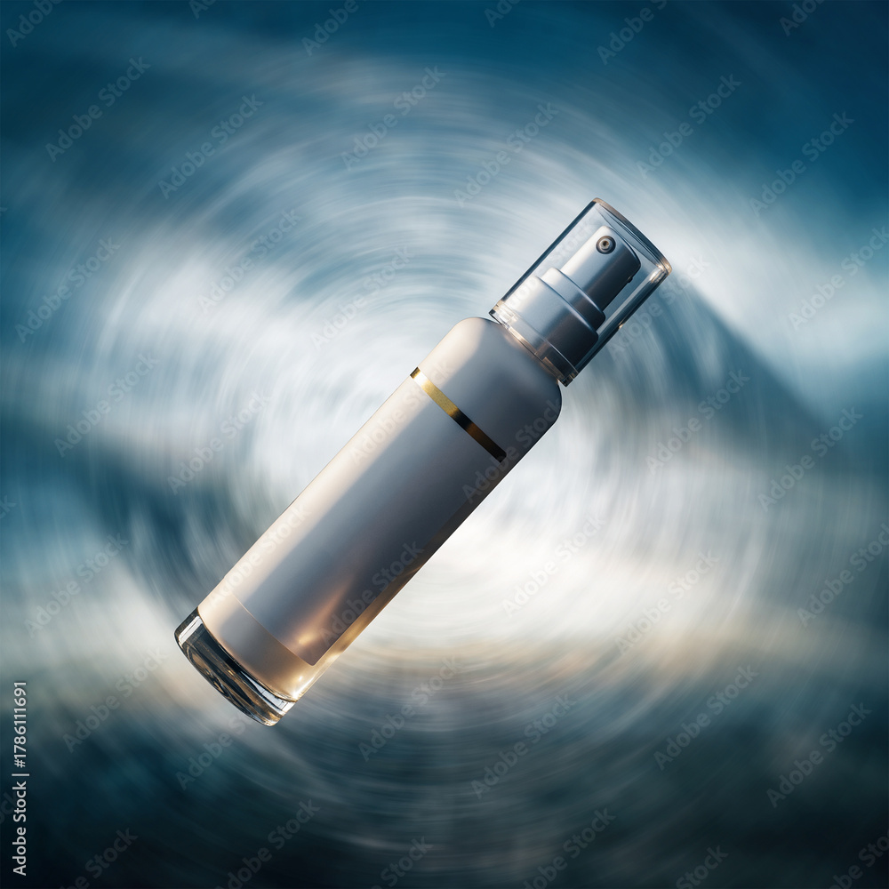 Obraz premium White Cosmetic Spray Bottle Mockup with Dynamic Motion Blur Background