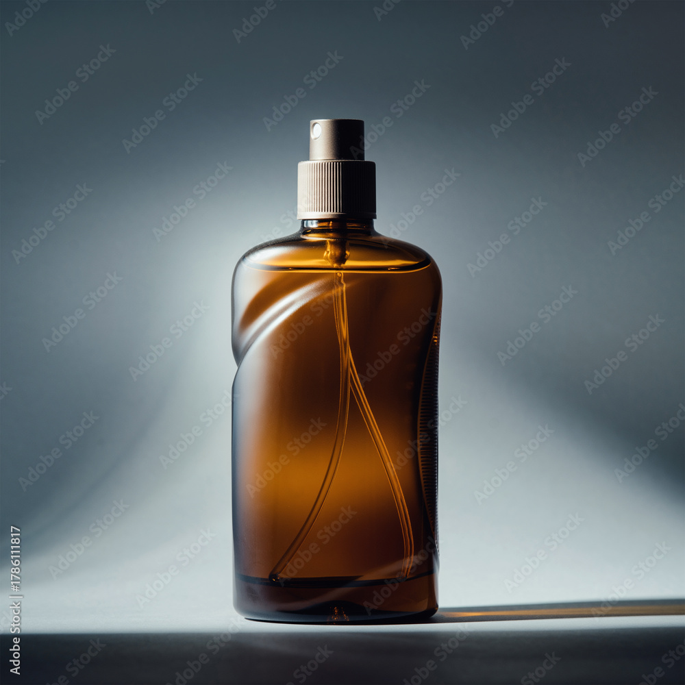 Obraz premium Elegant Curved Amber Spray Bottle Mockup on Dark Cinematic Background