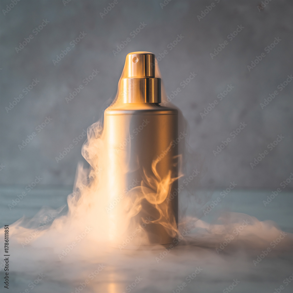 Fototapeta premium Metallic Spray Bottle Mockup Emerging from Dramatic Smoke and Mist