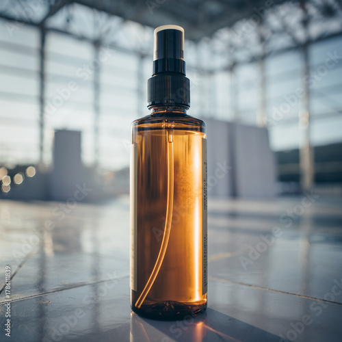 Amber Spray Bottle Mockup in Modern Industrial Architectural Setting © image@9