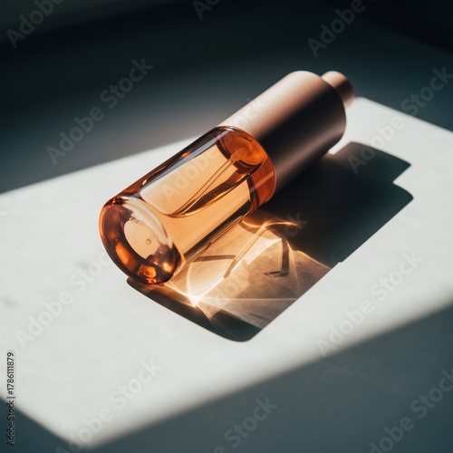 Amber Glass Dropper Bottle Mockup with Hard Sunlight and Diagonal Shadow © image@9
